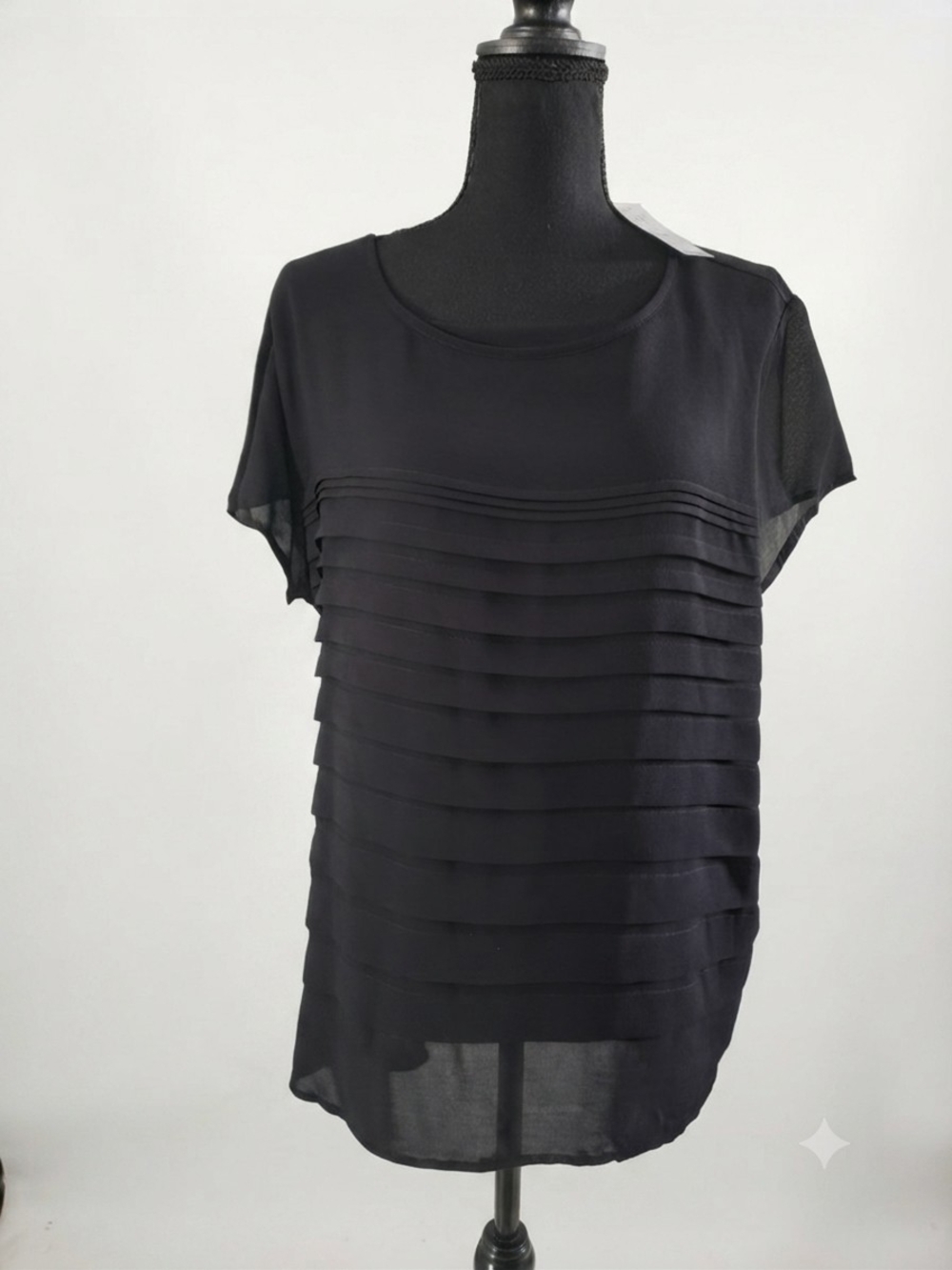 New York & Company Black Short-Sleeve Layered Pleat Blouse